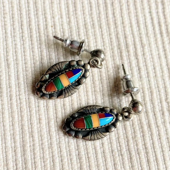 Vintage WM Wheeler Native American Navojo Sterling Silver Inlay Earring - Picture 5 of 13